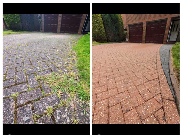 Before and after results of a block paving cleaning job showing a stunning transformation from dirty and weed-filled paving to clean.