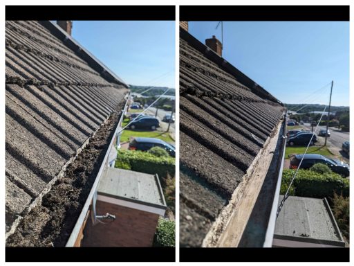 Before and after comparison of a gutter cleaning service, showing a transformation from a dirt-filled gutter to a spotless.