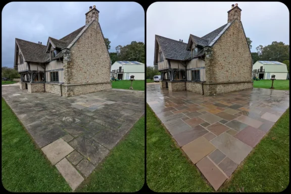 Before and after of a large patio transformation, showcasing a stunning change from a grime-covered surface to a clean, revitalised finish.
