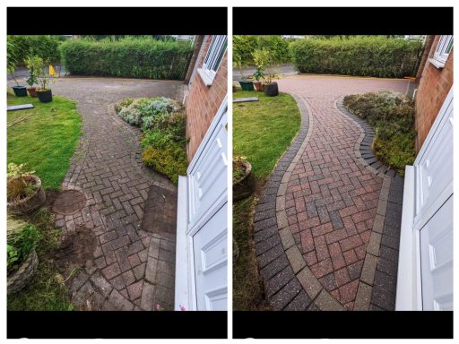 Block paving path transformation showing a side-by-side comparison of before and after professional cleaning, with dirt removed to reveal a 