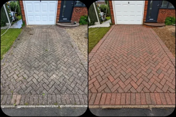 Before-and-after comparison of block paving, showing a dirty and discoloured surface restored to a clean, like-new condition through profess