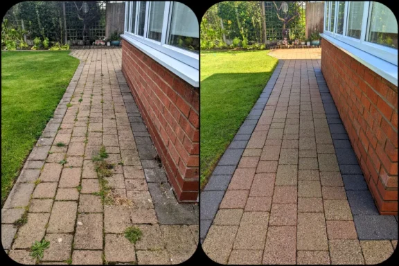 Before and after block paving cleaning, showing a dramatic transformation from a dirt-covered surface to a clean, vibrant finish.

