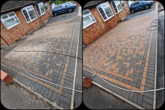 Before and after of block paving cleaned with pressure washing and chemical treatment, showing a dramatic transformation from dirty to spotl